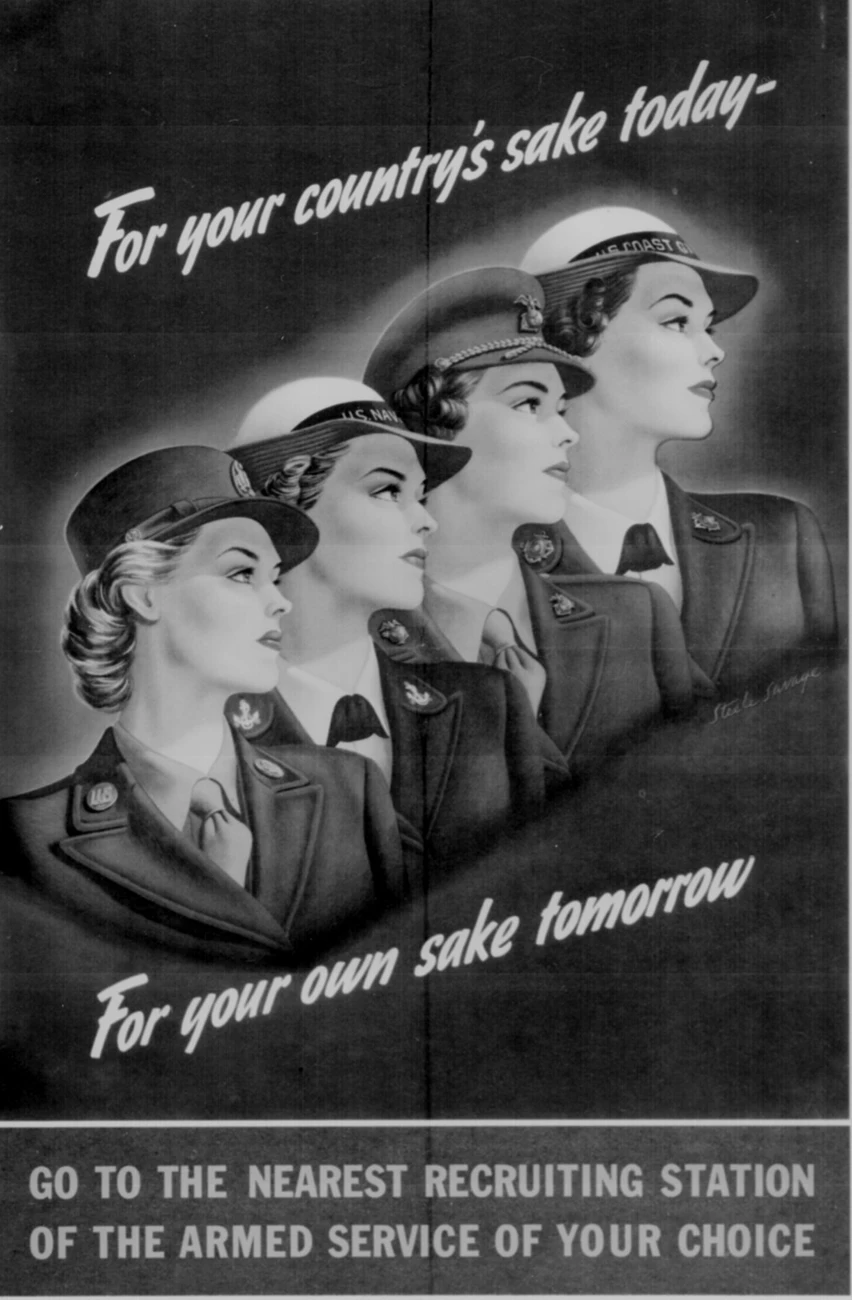 A 1944 recruiting poster urging people to go to the nearest recruiting station of the armed service of their choice.