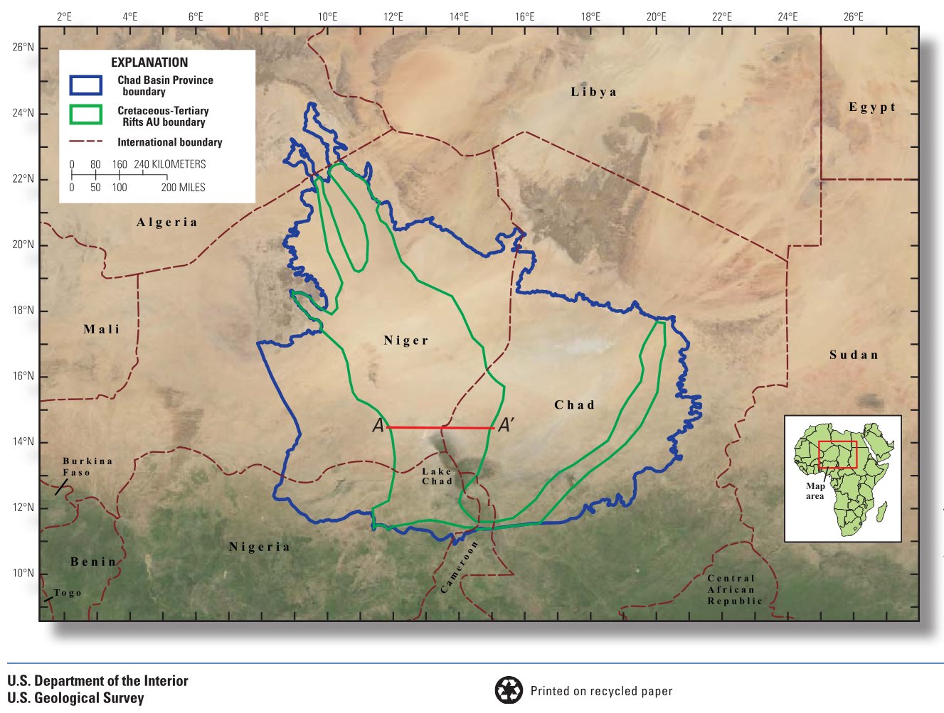 Locations of the Chad Basin Province and the CretaceousTertiary Rifts Assessment Unit (AU). Cross section A–A’ shown in figure 2.
