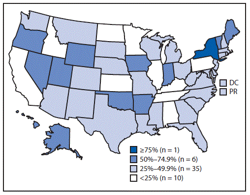 Map of U.S. states shaded by the share of substance abuse treatment facilities with smoke-free campuses; New York is the only state at 75% or more.