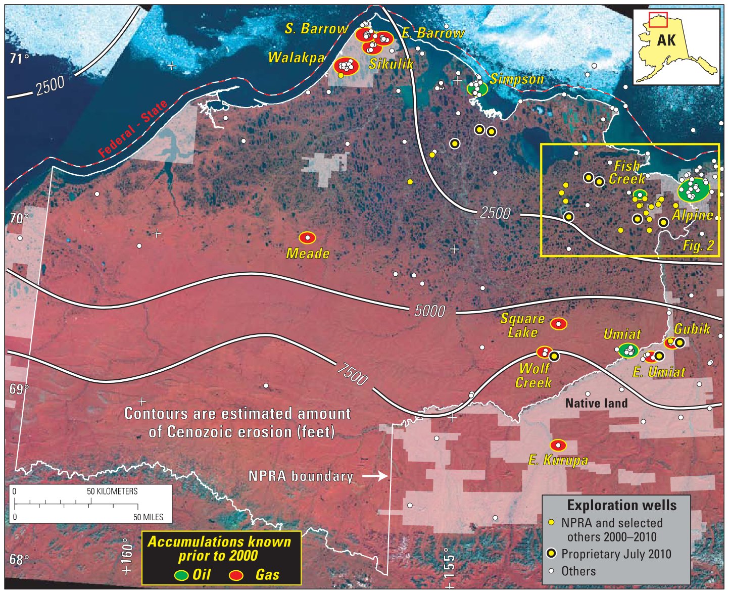 National Petroleum Reserve in Alaska (NPRA; boundary shown by white line) with locations of exploration wells, oil and gas accumulations known prior to 2000 (names in yellow; all t