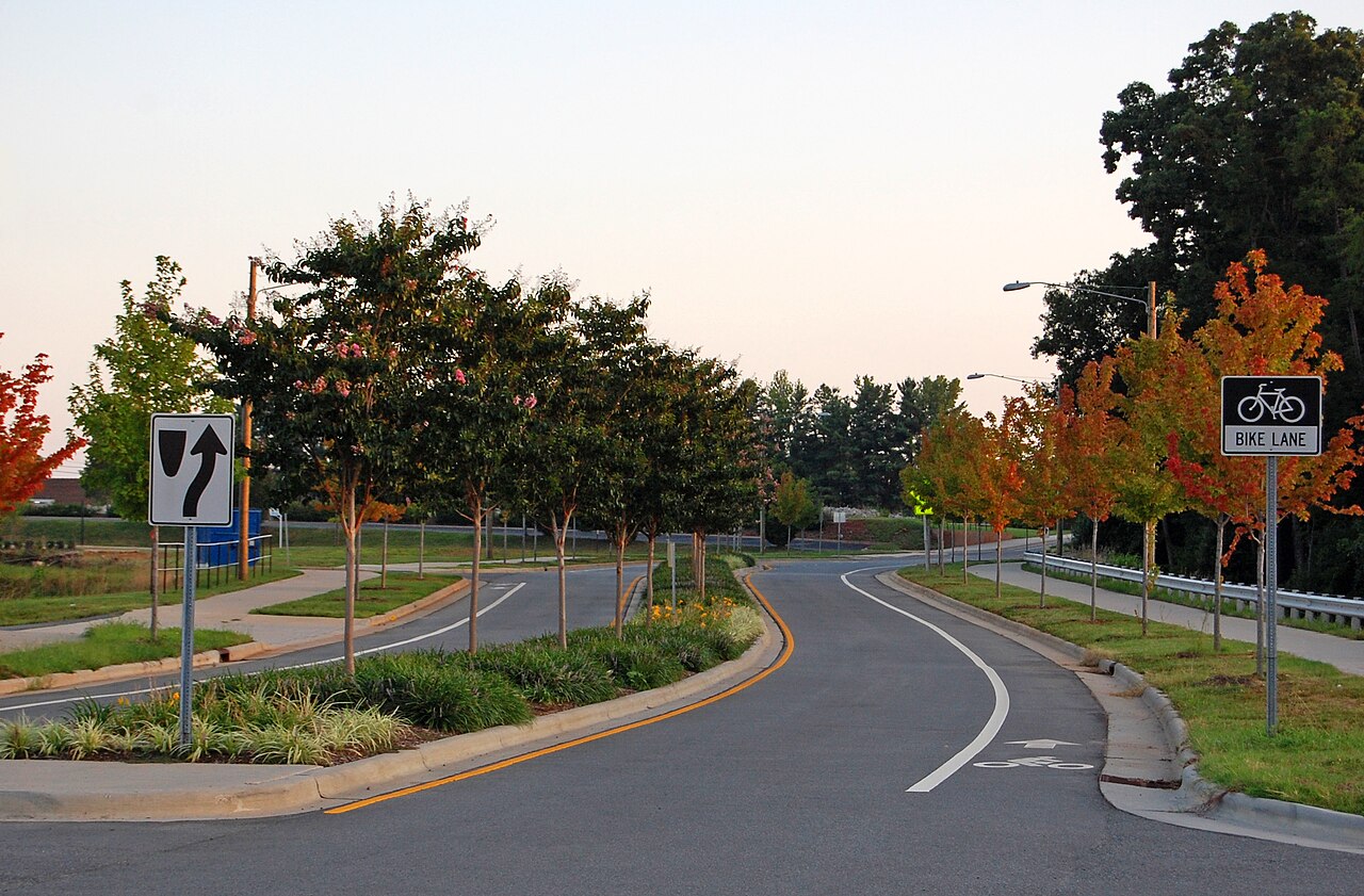 An example of a complete street that incorporates bike path and a side walk.