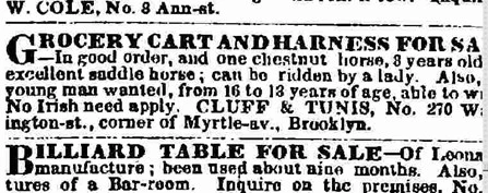 A newspaper advertisement reading "No Irish Need Apply."