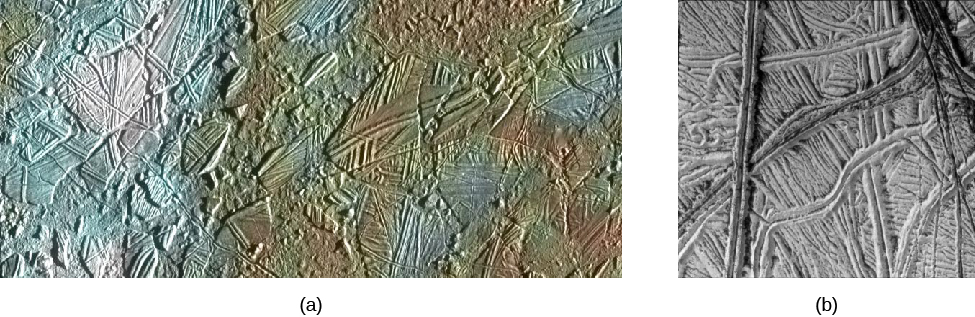 A close-up of Europa’s crust broken into rafts of ice, with wrinkled ridges