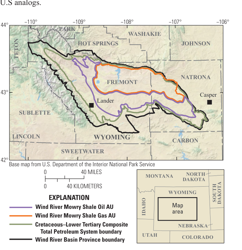 Map of the Wind River Basin in central Wyoming showing the Mowry Shale oil and gas assessment units