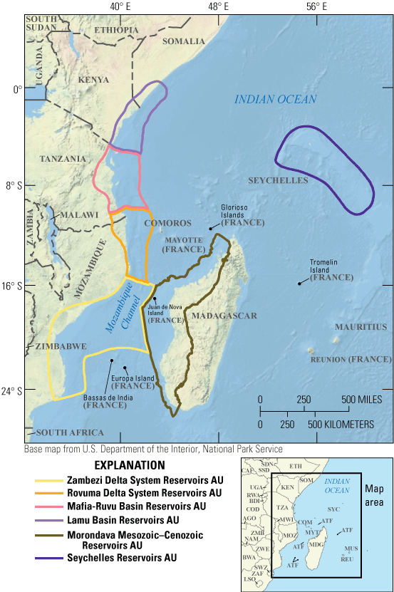 Maps showing the locations of six conventional assessment units off East Africa and the Seychelles