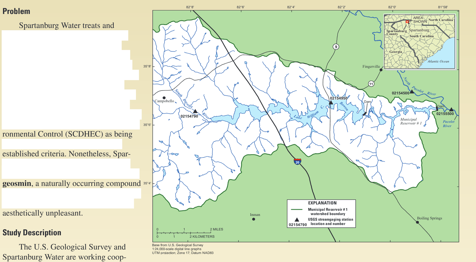 Location of Lake William C. Bowen and Municipal Reservoir #1, Spartanburg County, South Carolina.