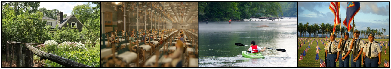 Four photos: a garden before a house, a textile mill model, a kayaker, and a color guard in a cemetery