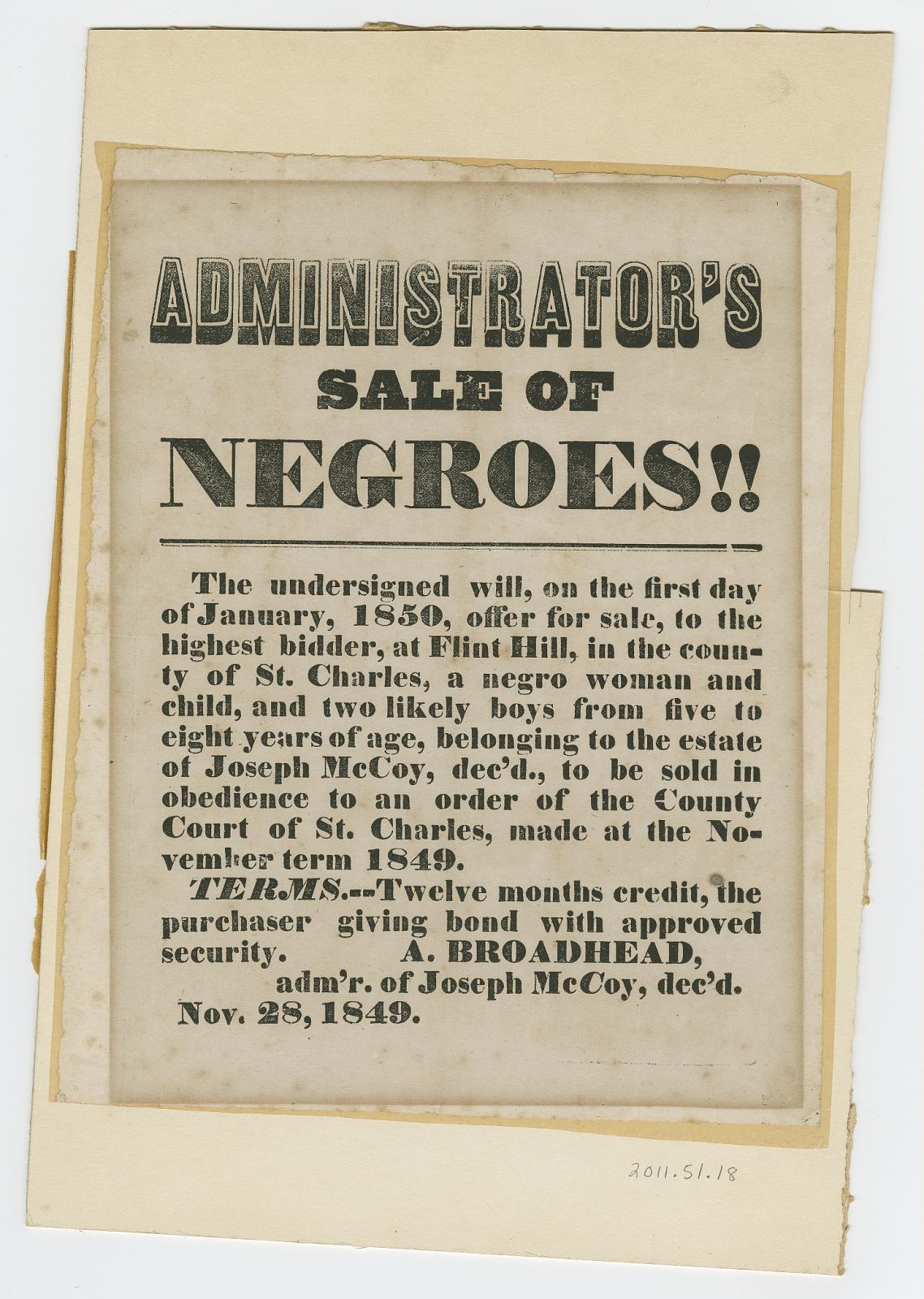 Broadside for sale of enslaved woman and children from estate of Joseph McCoy