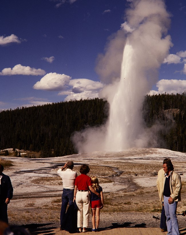 Jimmy Carter, Rosalynn Carter and Amy Carter watching Old Faithful erupt
