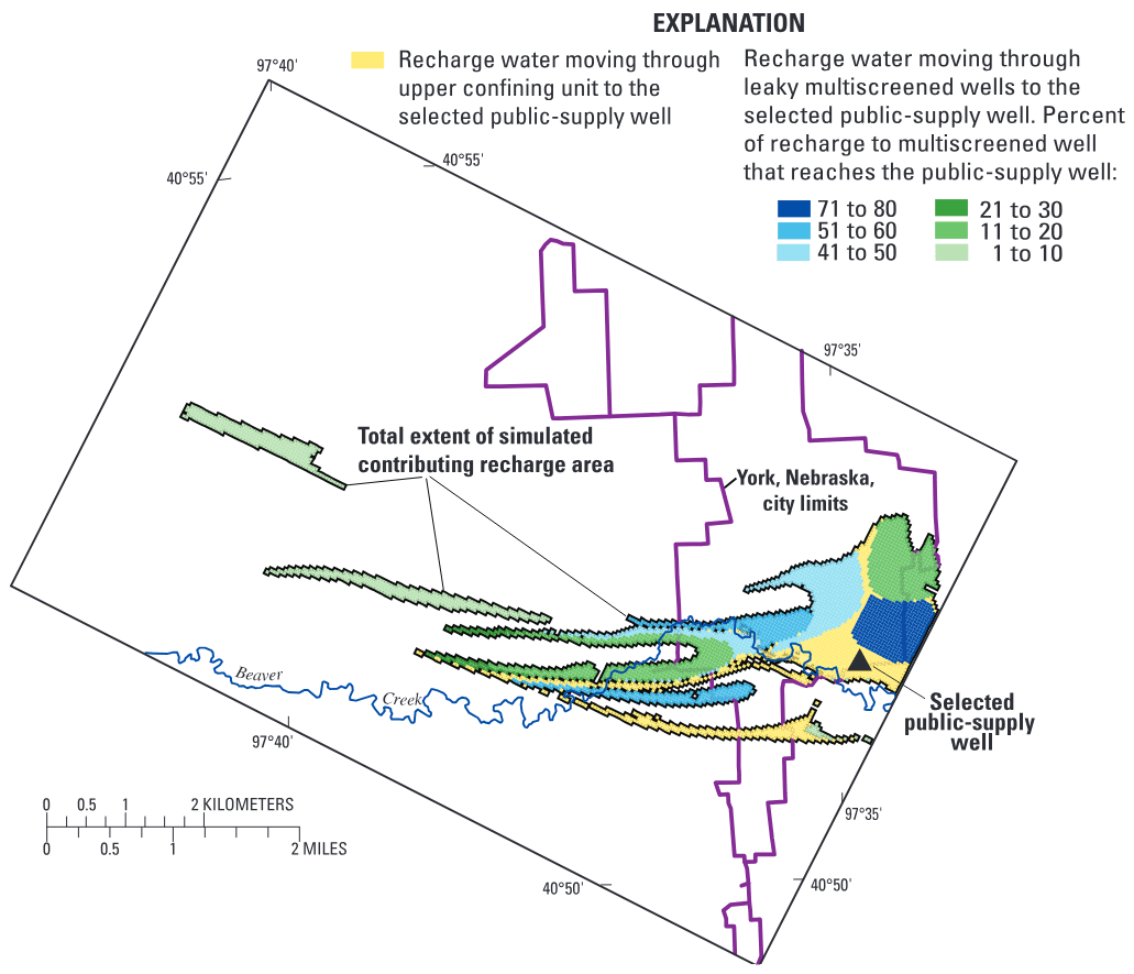 The shaded zones on the map show the simulated area contributing recharge to a supply well in York, Nebraska.