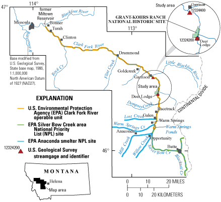 Map of the upper Clark Fork basin showing Grant-Kohrs Ranch, USGS streamgages and Superfund operable units.