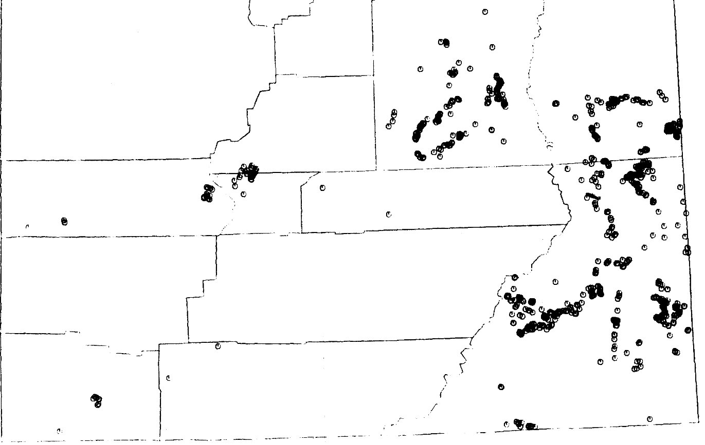 FIGURE 12.-Deposits and occurrences of uranium (circles) in Utah listed in CRIB-UTAH file.