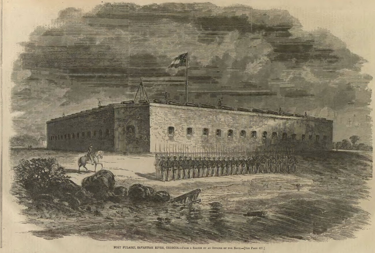 A sketch of soldiers lined up in front of a large brick fort.
