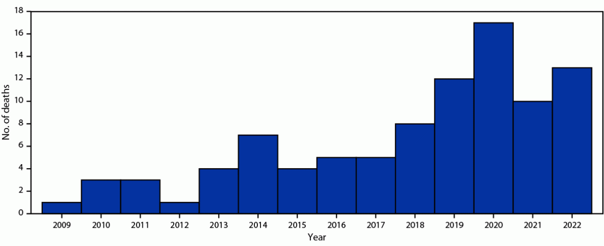 Histogram of cosmetic surgery–related deaths of U.S. citizens in the Dominican Republic by year, 2009–2022.