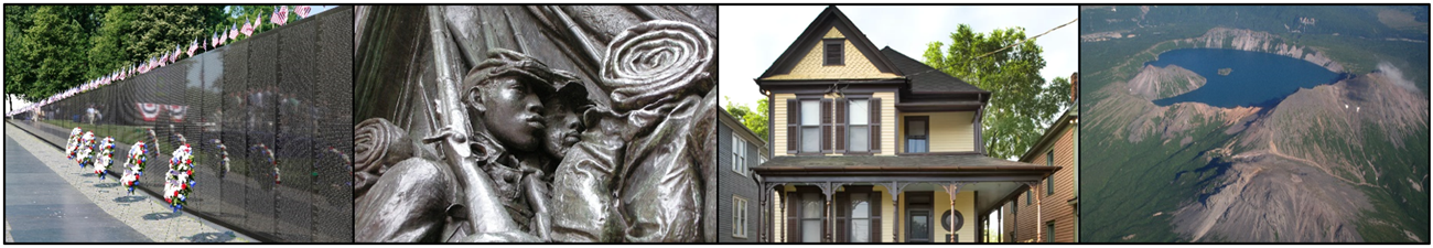 Four photos: a memorial wall, a sculpture of Black Civil War soldiers, a yellow house, and a crater lake