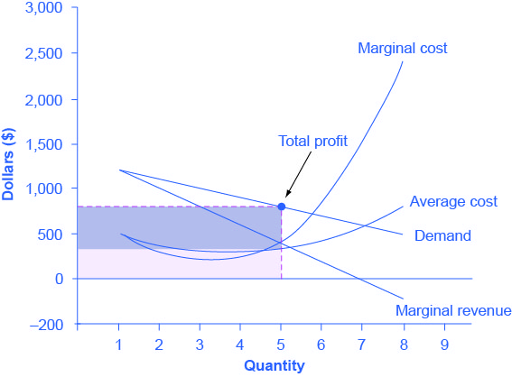 The graph shows revenues and profits for the monopolist at the profit maximizing level of output.