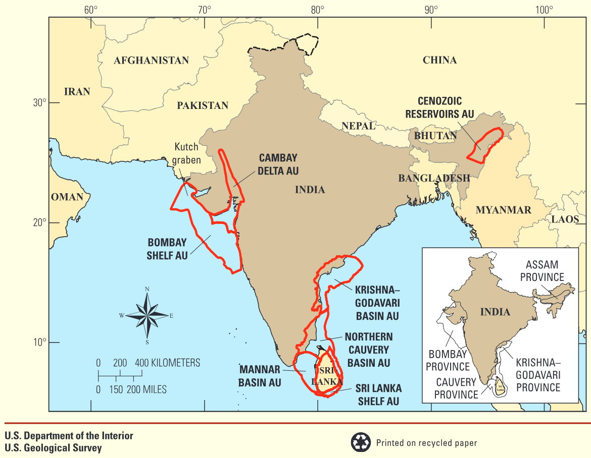Generalized map showing the boundaries of the Bombay Shelf, Cambay Delta, Cenozoic Reservoirs, Krishna–Godavari Basin, Northern Cauvery Basin, Mannar Basin,and Sri Lanka Shelf asse