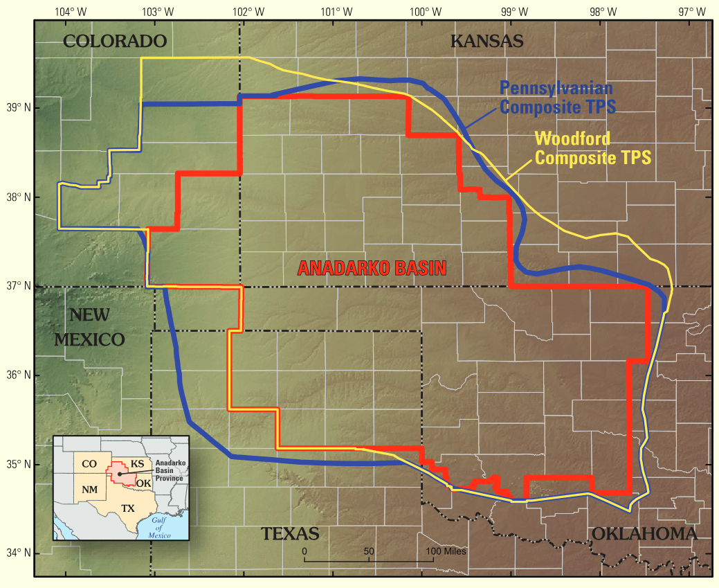 Map showing boundaries of the Anadarko Basin Province (red line), the Woodford Composite total petroleum system (TPS), and the Pennsylvanian Composite TPS.