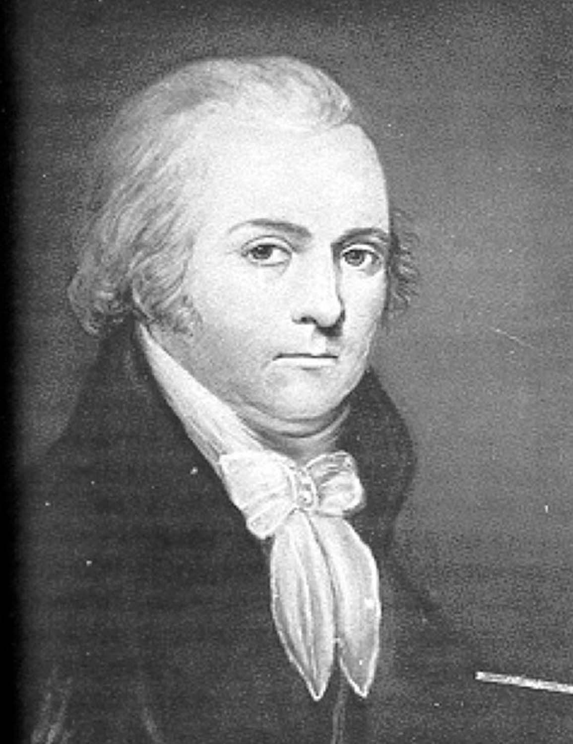 Engraved portrait of Sir John Johnson, a pale man in a high white cravat