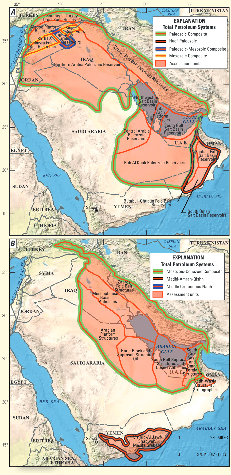 A. Locations of Huqf–Paleozoic Total Petroleum System (TPS), Paleozoic Composite TPS, Paleozoic–Mesozoic Composite TPS, and Mesozoic Composite TPS and associated assessment units (