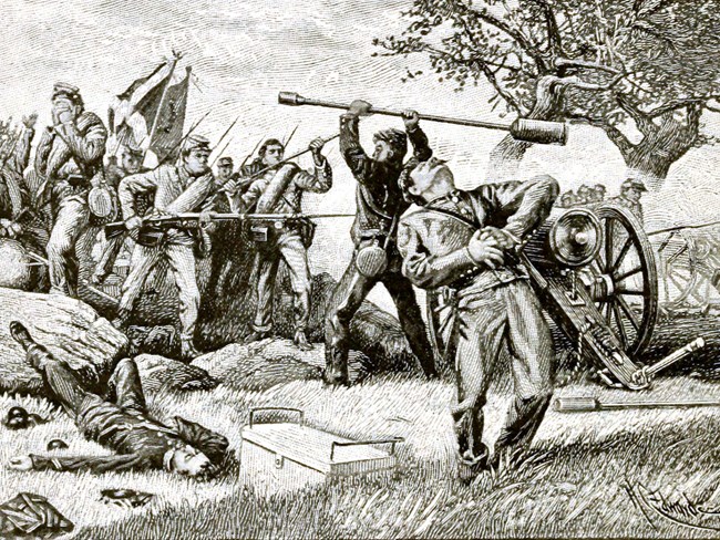 An engraving of cadets defending a cannon in battle.