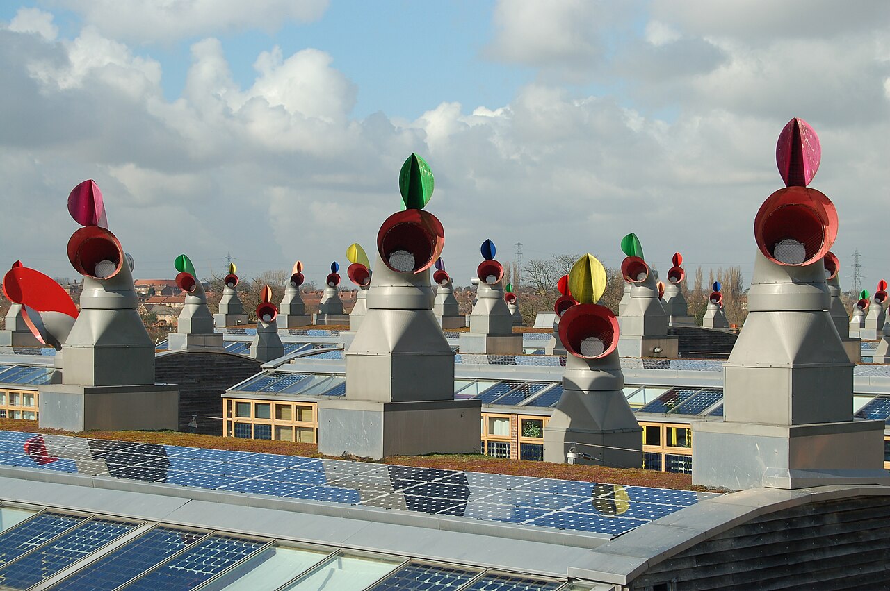 Roof-mounted wind cowls for ventilation.