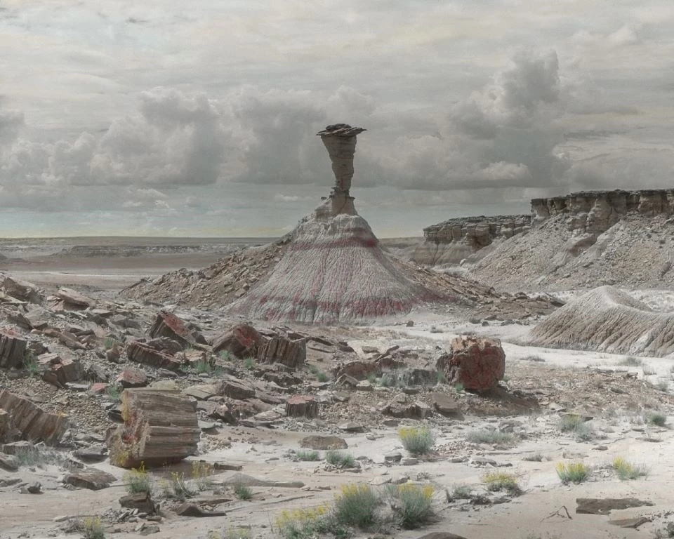 Hand-colored slide of an eroded rock column among petrified logs