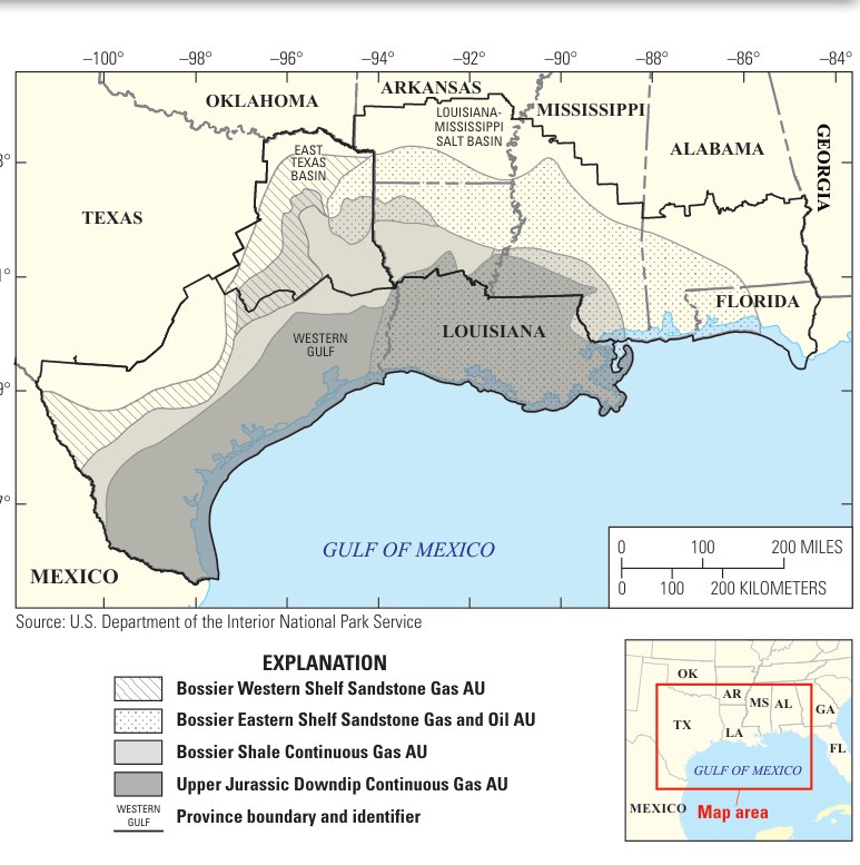 A map of the Gulf Coast from Texas to Florida with shaded bands marking the Bossier Formation's four assessment units along the coast
