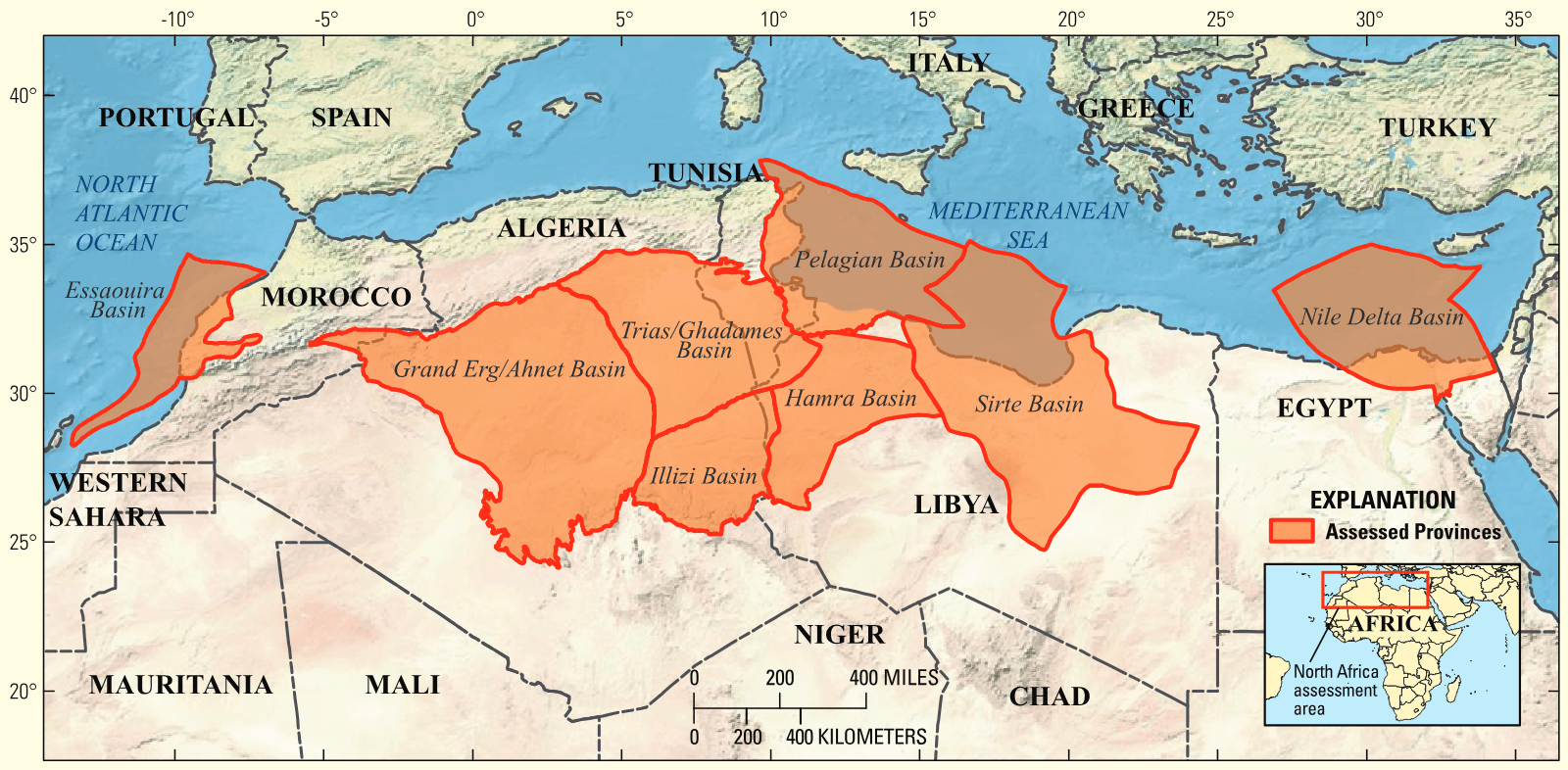 Locations of eight priority geologic provinces of North Africa assessed in this study of undiscovered conventional oil and gas resources.
