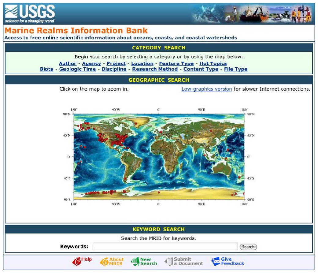 The Marine Realms Information Bank (MRIB), featuring three search options: by category, location, and keyword.