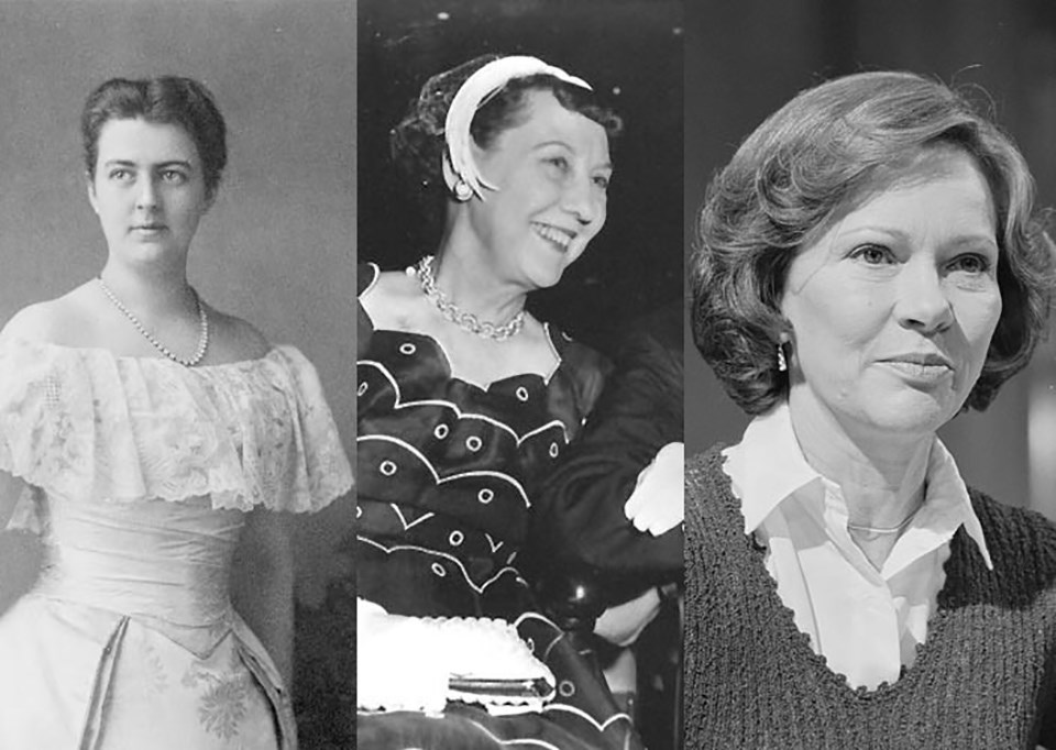 Black-and-white portraits of Frances Cleveland, Mamie Eisenhower and Rosalynn Carter