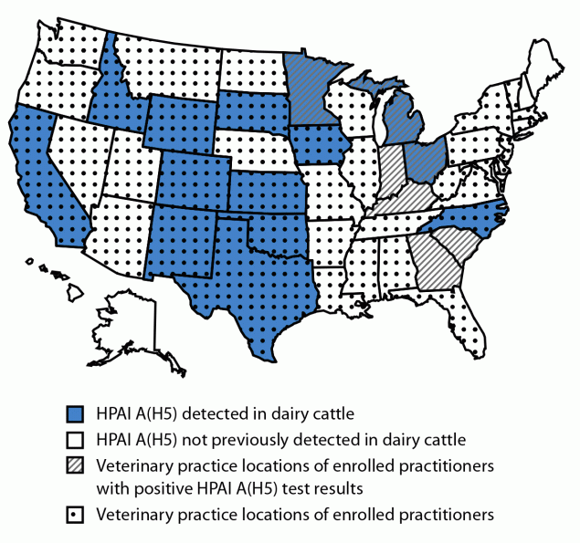 Map of practice locations and states with H5 in dairy cattle