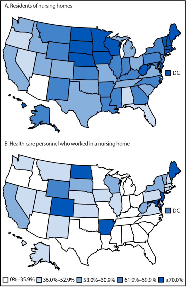 Two U.S. maps of pooled flu vaccination coverage by state among nursing home residents and among health care personnel working in nursing homes, 2024–25