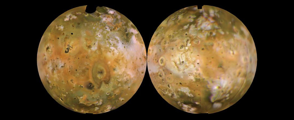 Two sides of Io, mottled orange, yellow and white