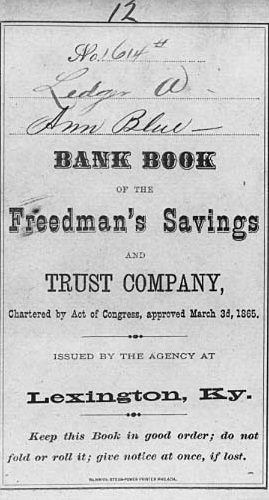 Bank Book: Ann Blue opened this account in Lexington, Kentucky, in August 1873. After the bank's demise in 1874, she sent in this passbook and received $37.94 in dividend payments. (National Archives, Records of the Office of the Comptroller of the Currency, RG 101)