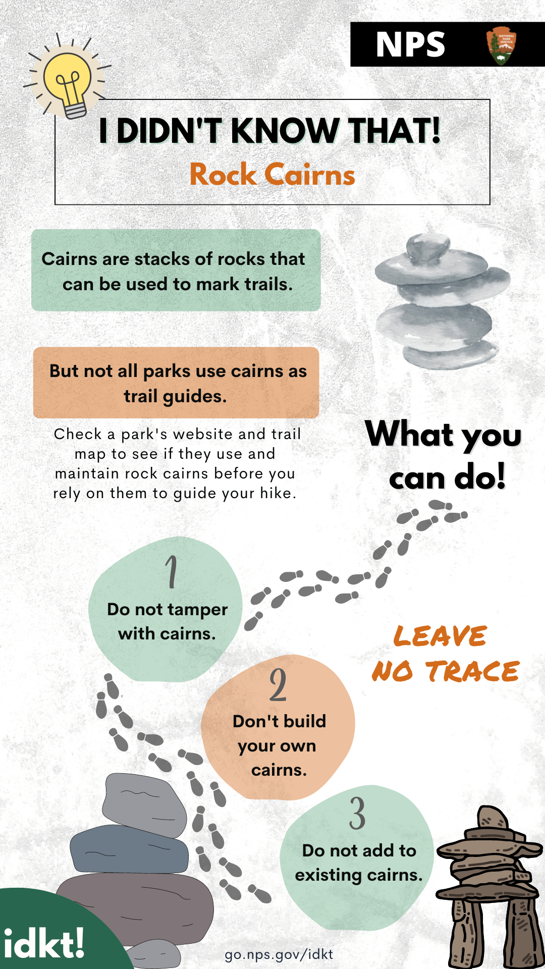 An illustrated card with tips about cairns.