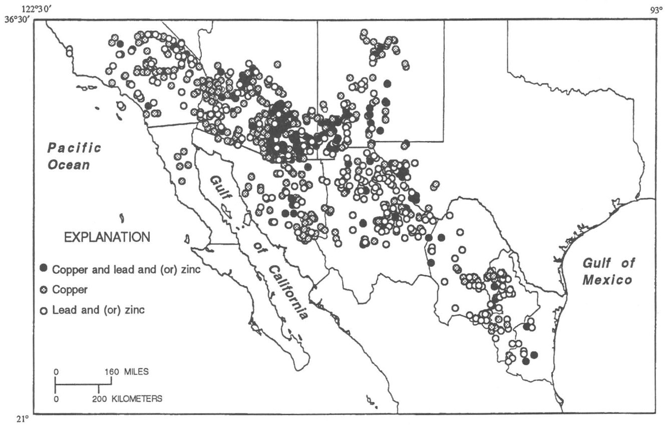Distribution of major lead and (or) zinc and copper mines, prospects, and occurrences in and adjacent to the U.S .-Mexico border region.