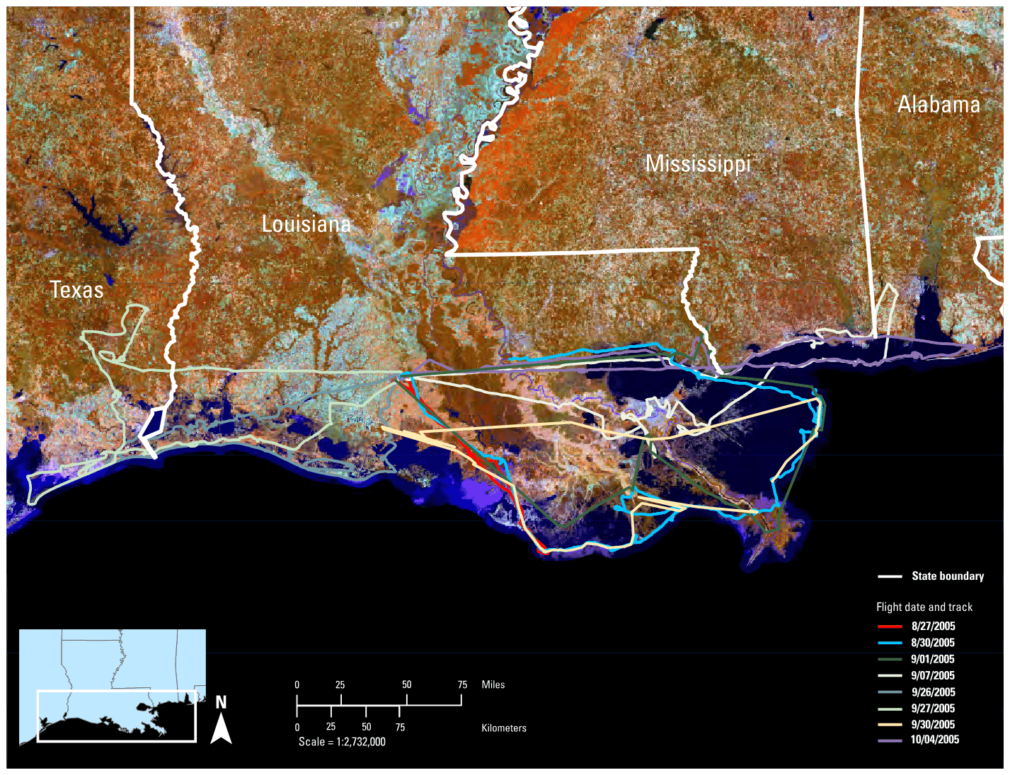 Vicinity map showing areas of impacts from Hurricanes Katrina and Rita, and color-coded flight tracks from eight hurricane reconnaissance surveys during August through October 2005