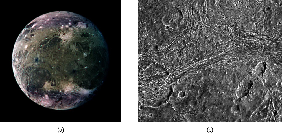 A global view of Ganymede, and a close-up of an old crater split by grooves