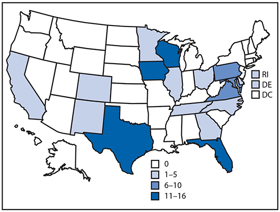 Map of the United States shading the 18 states where 101 people with COVID-19 linked to nine Nile River cruises lived.