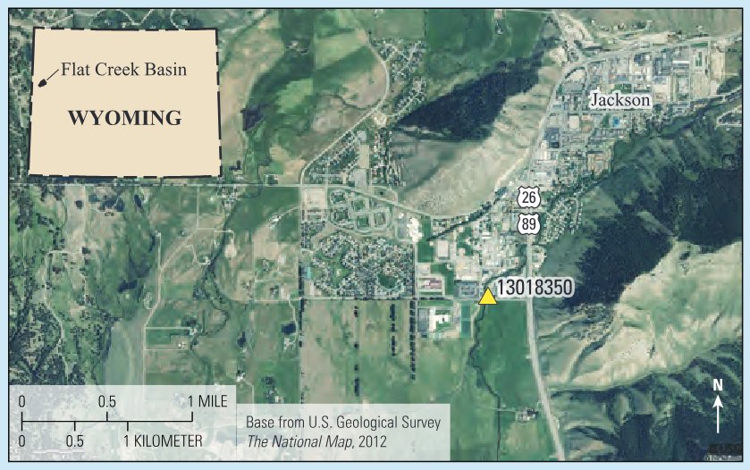 Location of U.S. Geological Survey streamgage 13018350 at Flat Creek below Cache Creek, near Jackson, Wyoming.