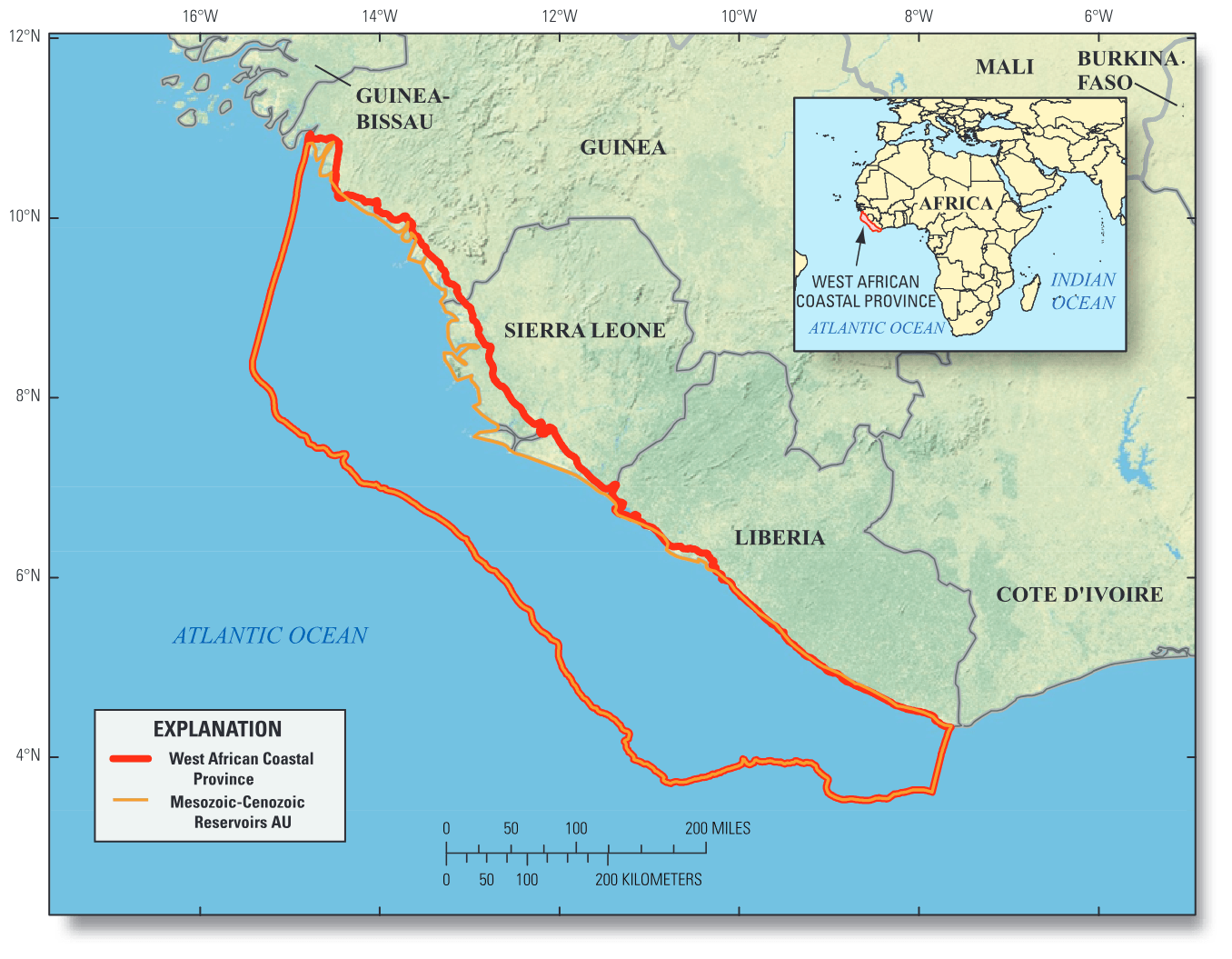 Locations of the West African Coastal Province and MesozoicCenozoic Reservoirs Assessment Unit (AU), west Africa.