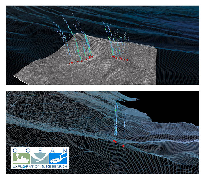 Acoustic images of bubble plumes rising from the seafloor over maps of depth and seafloor texture