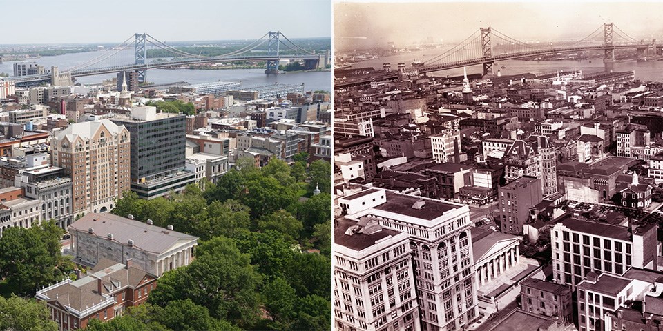 Side-by-side aerial photos of the Independence Hall area in 1952 and 2010.