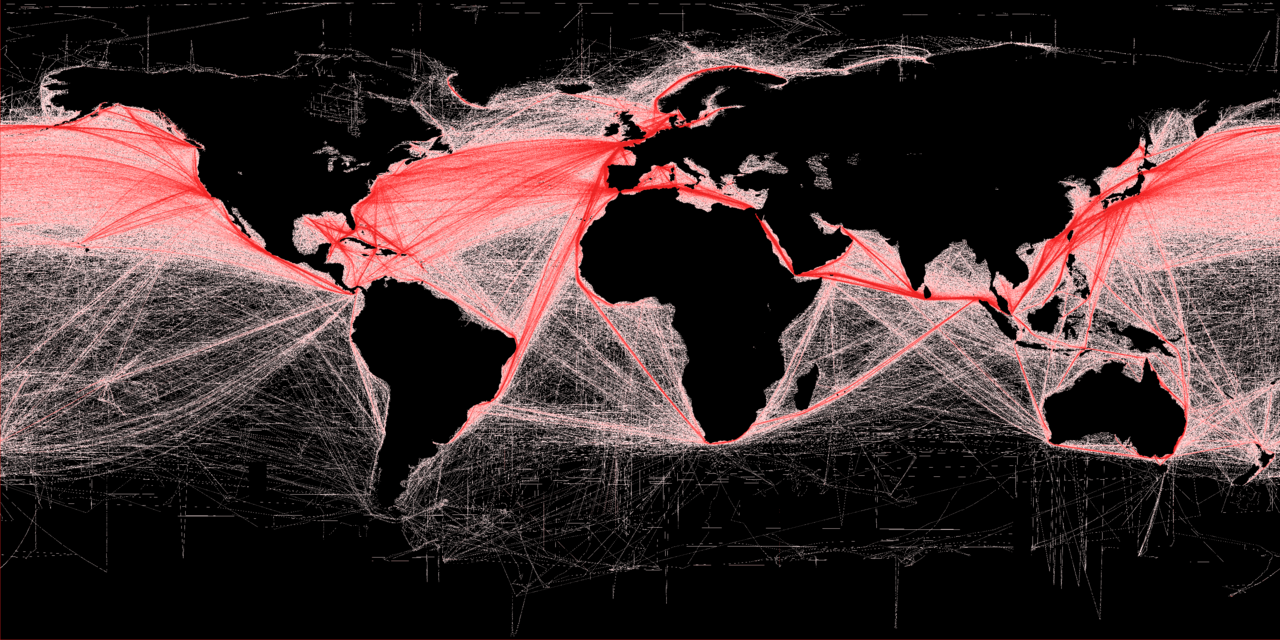 A map of international shipping routes, which are major vectors for invasive species