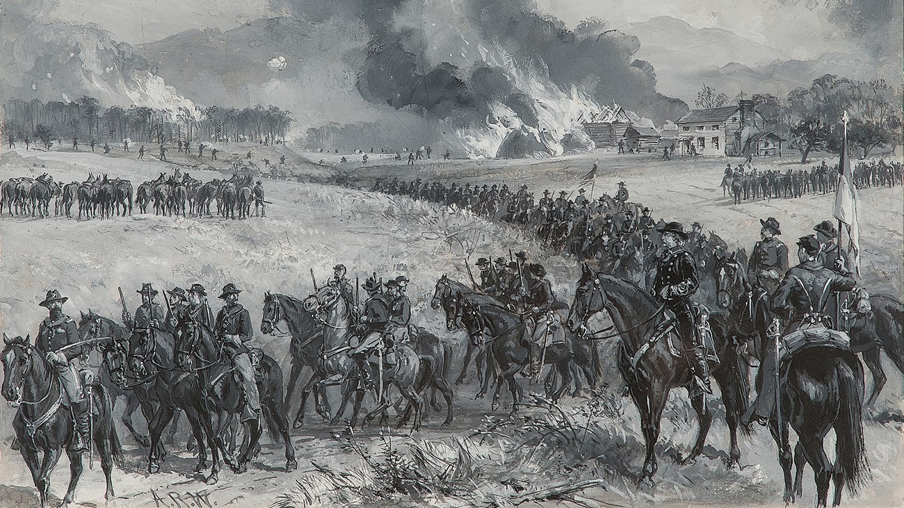 An illustration of cavalrymen on the move with a burning town behind them