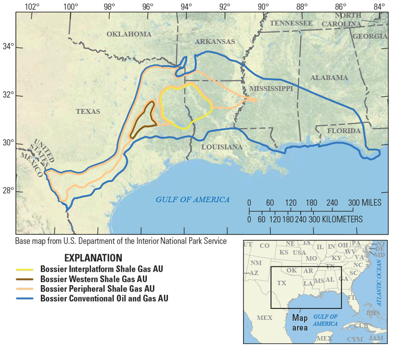 Four assessment units span areas of Texas, Arkansas, Louisiana, Mississippi, Alabama, and Florida.