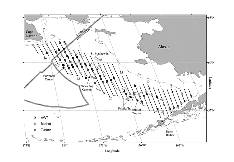 Map of parallel survey transects across the eastern Bering Sea