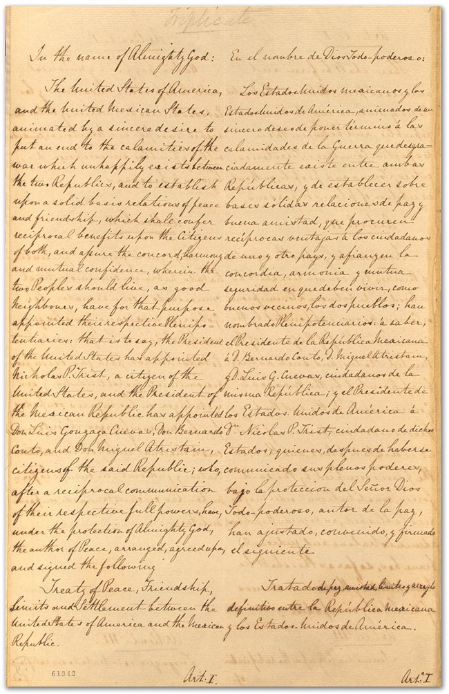 A handwritten page of the 1848 Treaty of Guadalupe Hidalgo in parallel English and Spanish columns.