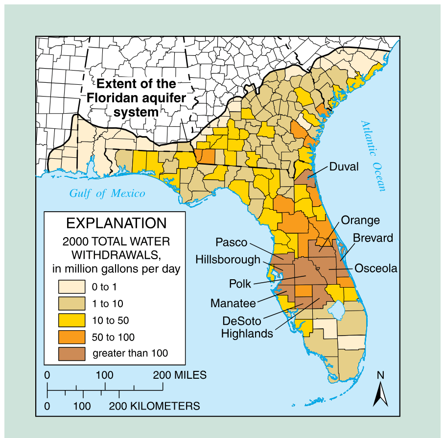 Water withdrawals from the Floridan aquifer system by county, 2000. (Fanning, 2003; Marella, 2004.)